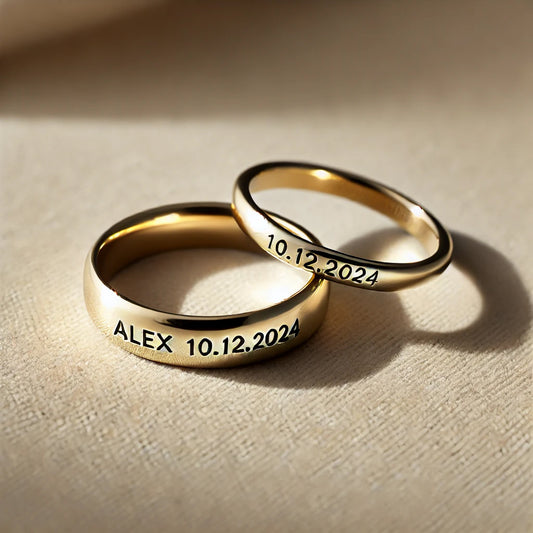 Two elegant promise rings displayed on a soft velvet cushion: one with a simple diamond set in a modern black band, and another featuring intricate gemstone details on a rose gold band, symbolizing commitment and style.