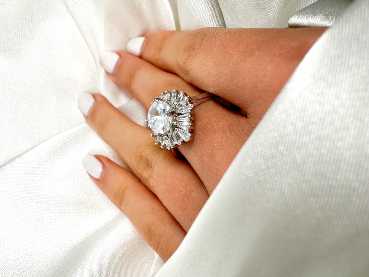 Sterling Silver Oval Cut Halo Engagement Ring, size 8.25