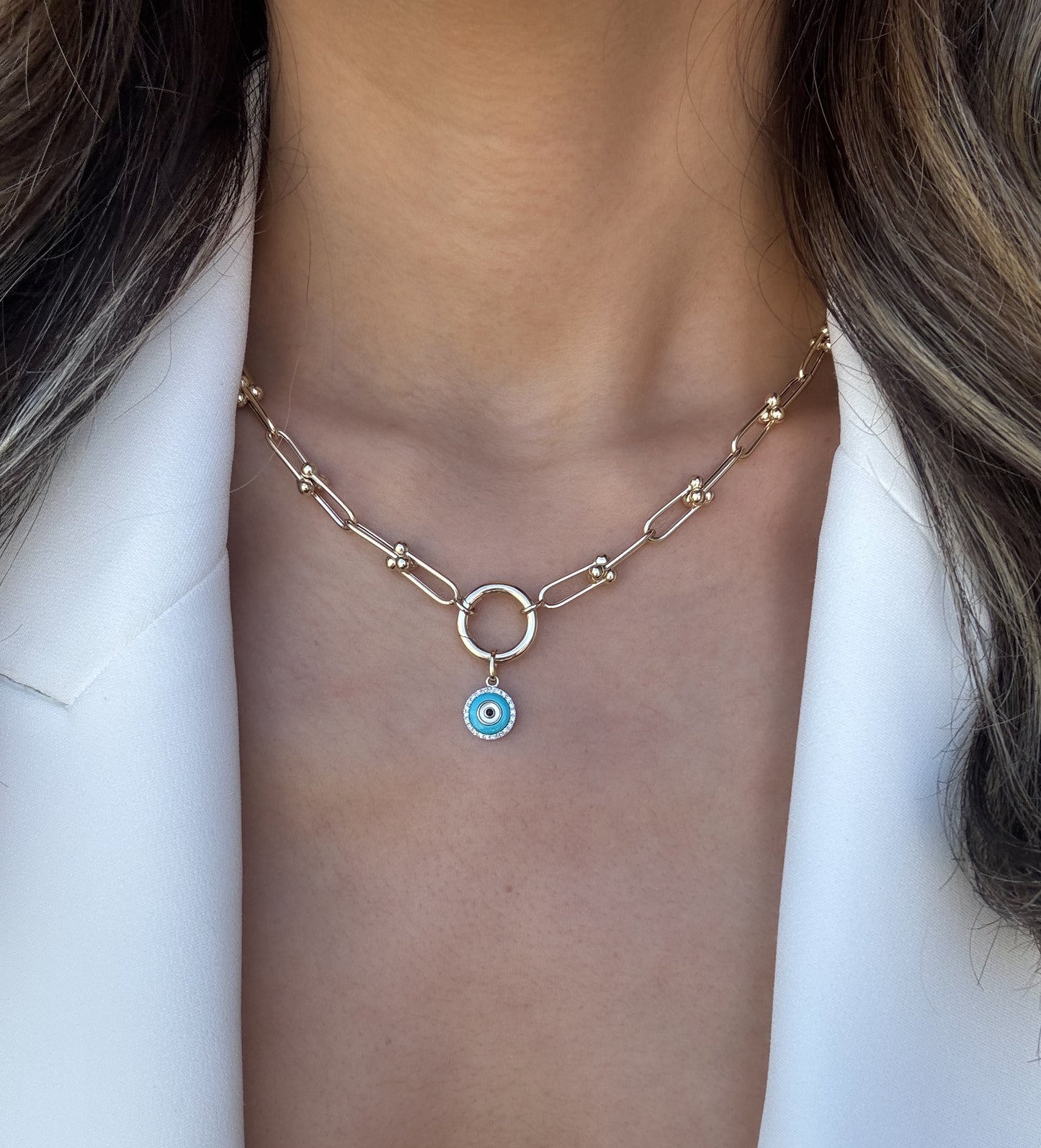 14k Solid Gold Diamond Evil Eye Charm Pendant, Turquoise & Onyx Protection Charm