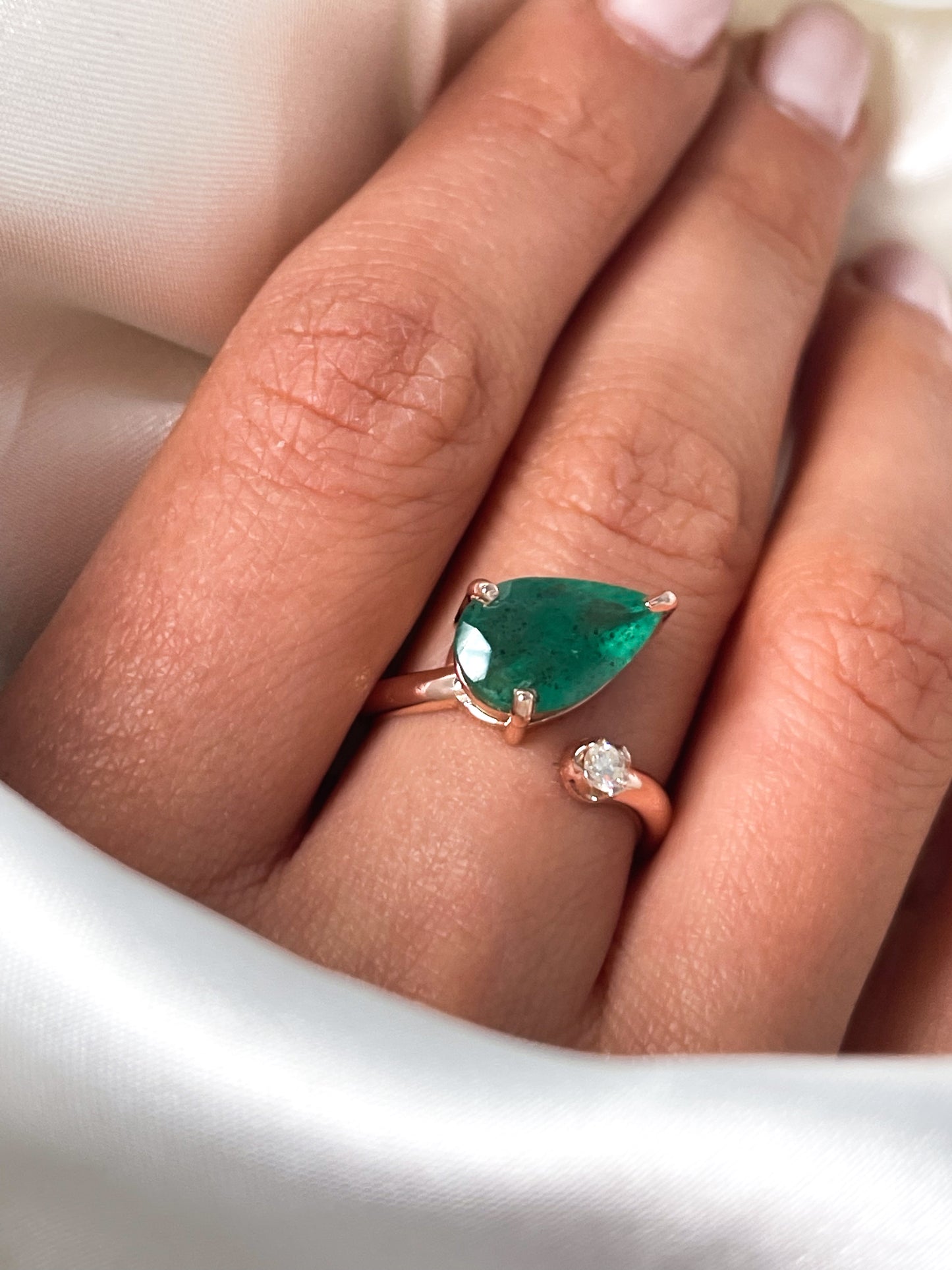14k Gold 2-Stone Ring, Natural Pear Shaped Emerald With Round Diamond Ring