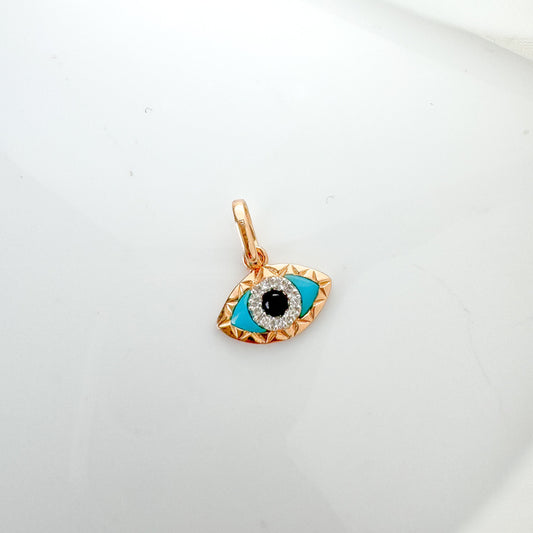 14k Gold Eye Shaped Evil Eye Pendant with Diamond, Turquoise & Black Onyx