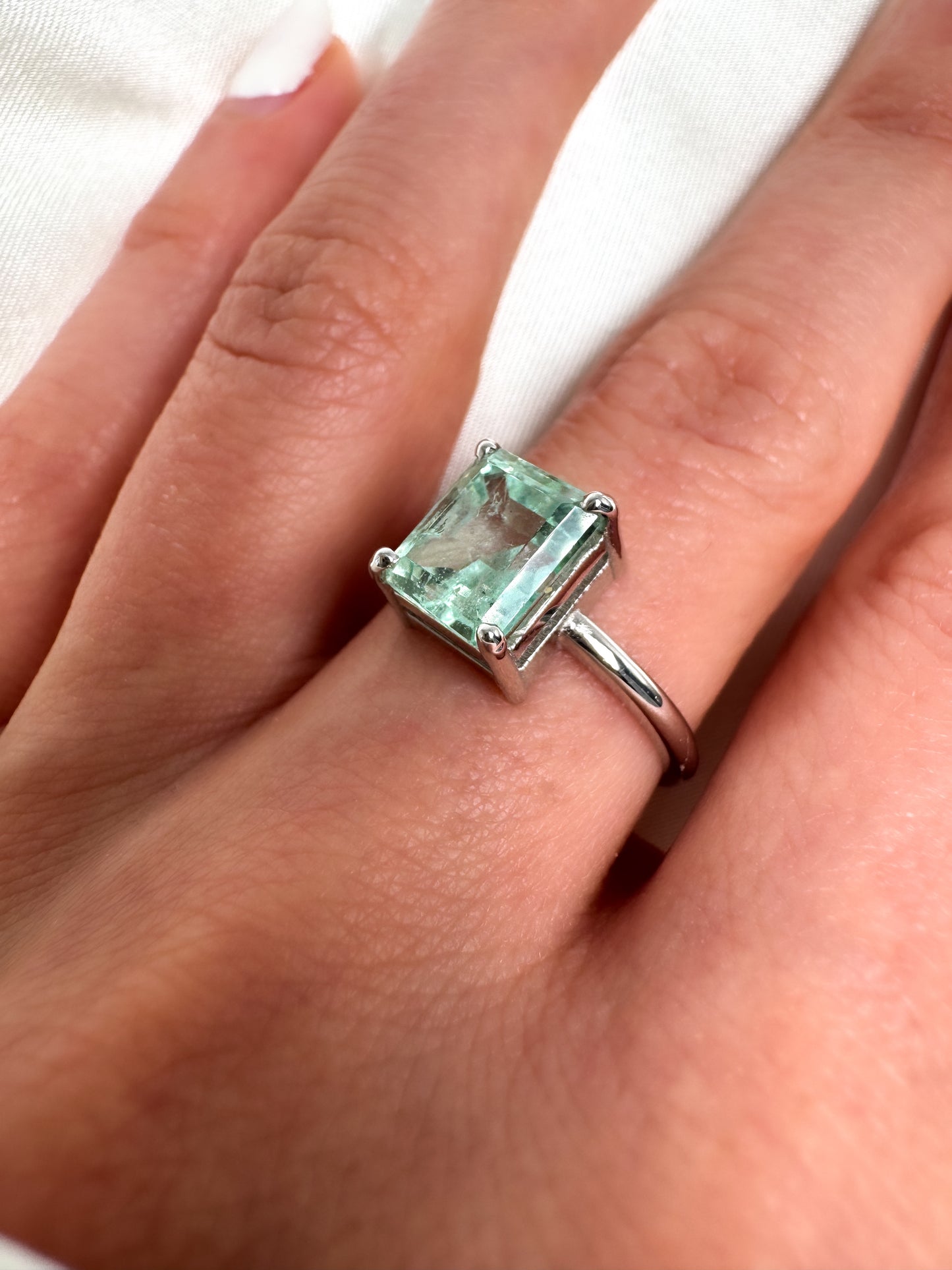14k Gold Emerald Cut Green Beryl Ring, Colombian Light Bluish Green Emerald Solitaire