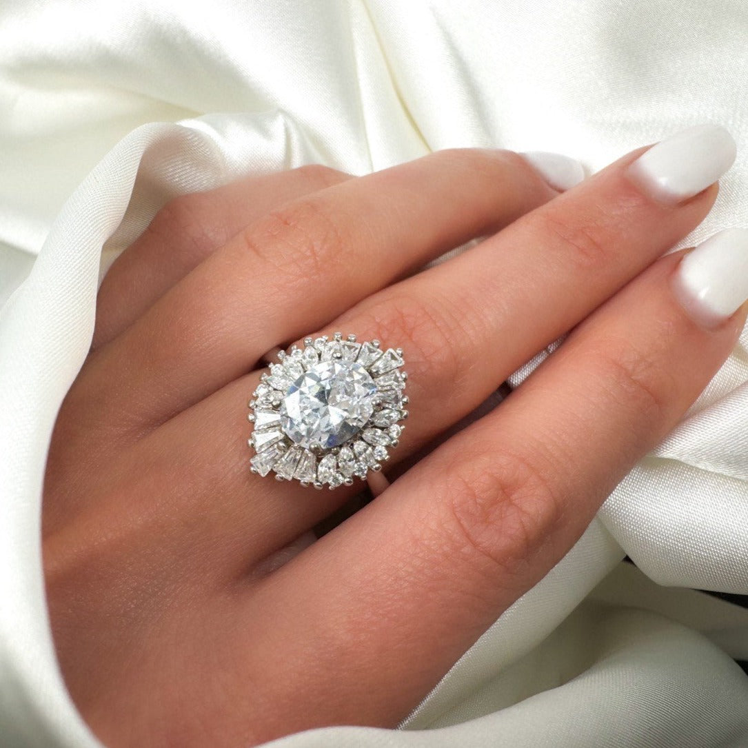 Sterling Silver Oval Cut Halo Engagement Ring, size 8.25