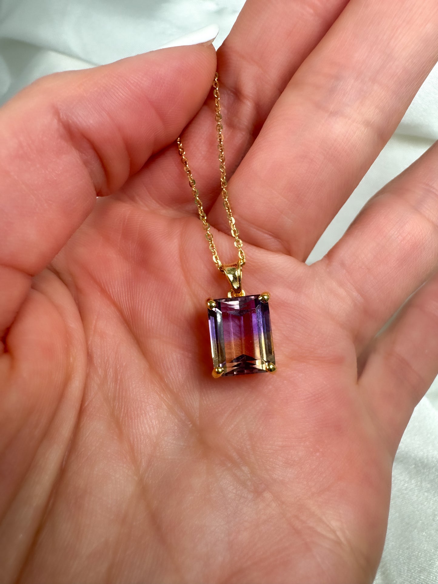 Natural Emerald Cut Ametrine Solitaire Pendant in 14k Solid Gold