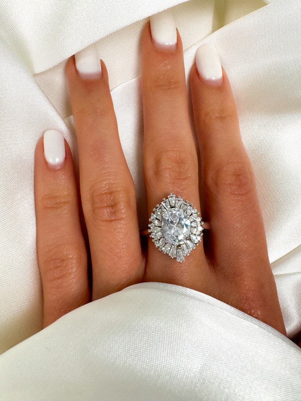 Sterling Silver Oval Cut Halo Engagement Ring, size 8.25