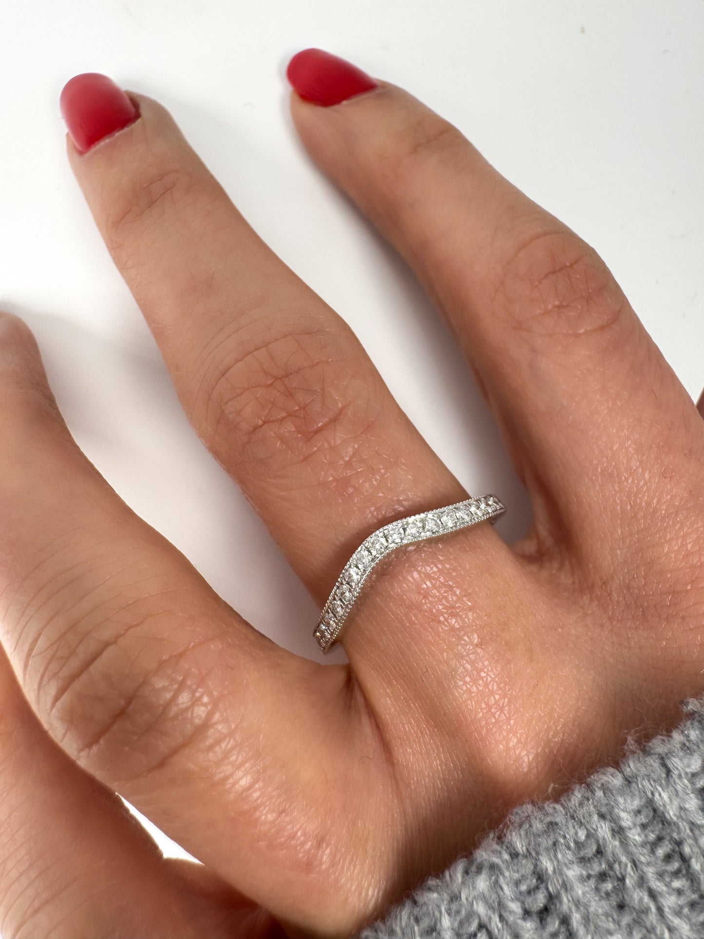 Curved Diamond Wedding Band in 14K Gold, Milgrain Nesting Band