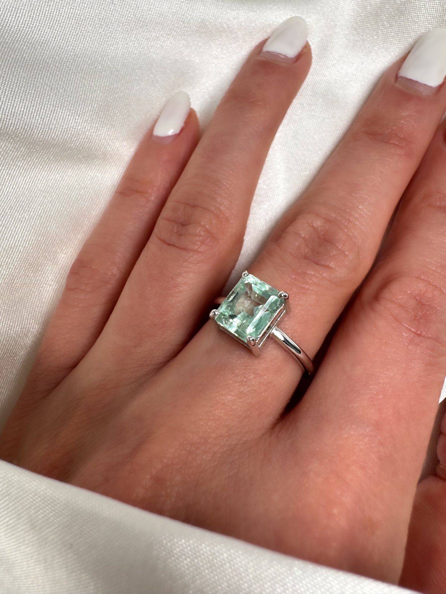 14k Gold Emerald Cut Green Beryl Ring, Colombian Light Bluish Green Emerald Solitaire
