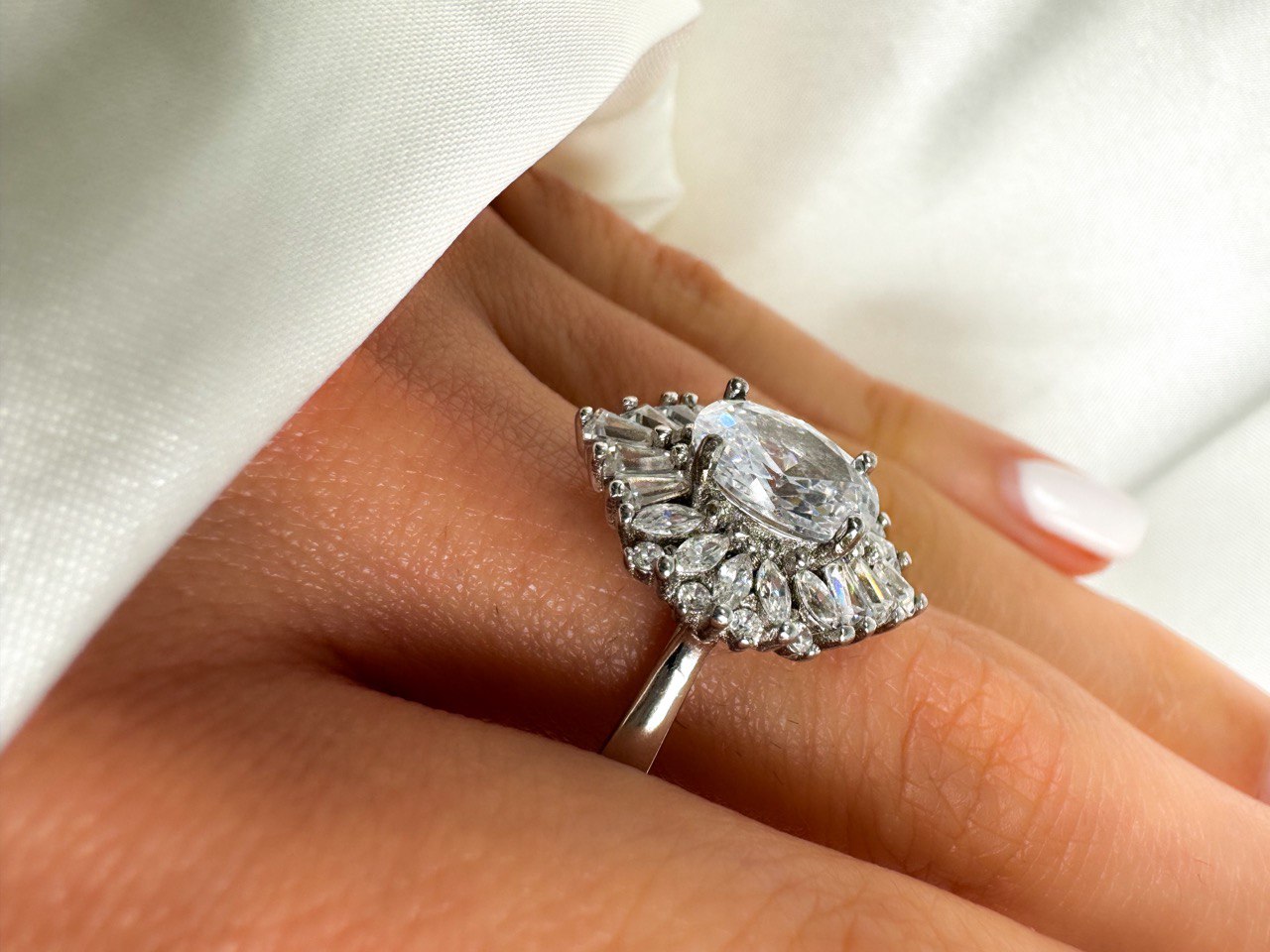 Sterling Silver Oval Cut Halo Engagement Ring, size 8.25