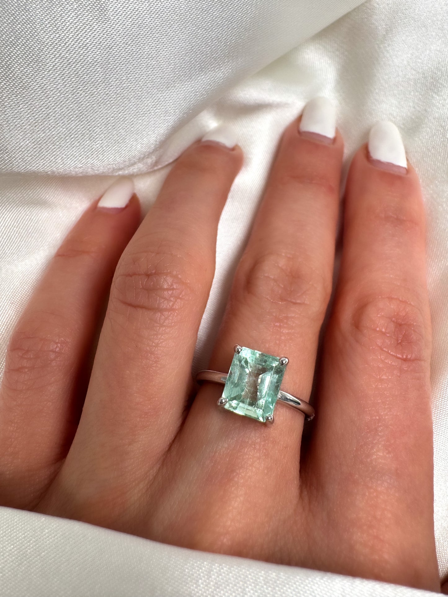 14k Gold Emerald Cut Green Beryl Ring, Colombian Light Bluish Green Emerald Solitaire