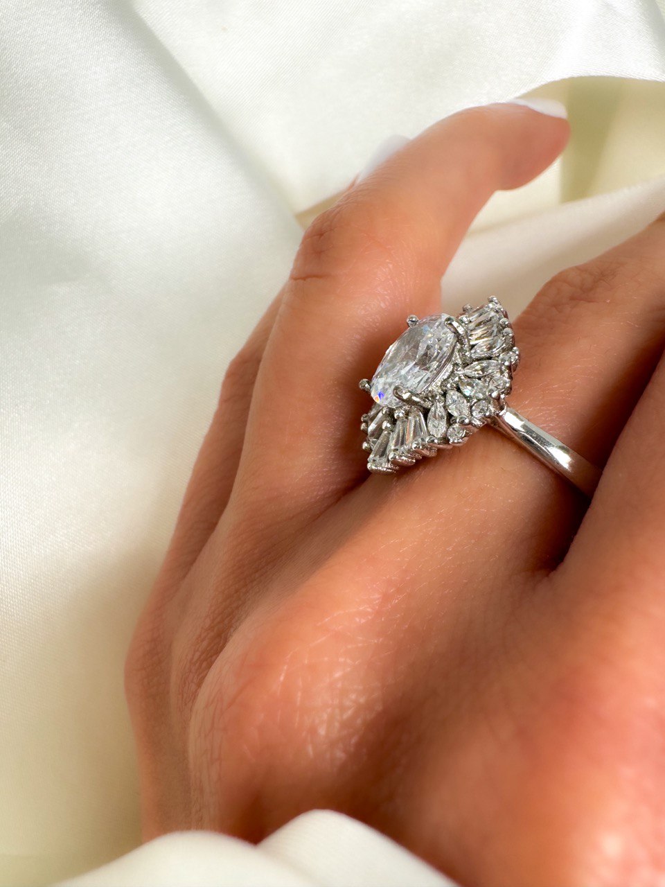 Sterling Silver Oval Cut Halo Engagement Ring, size 8.25