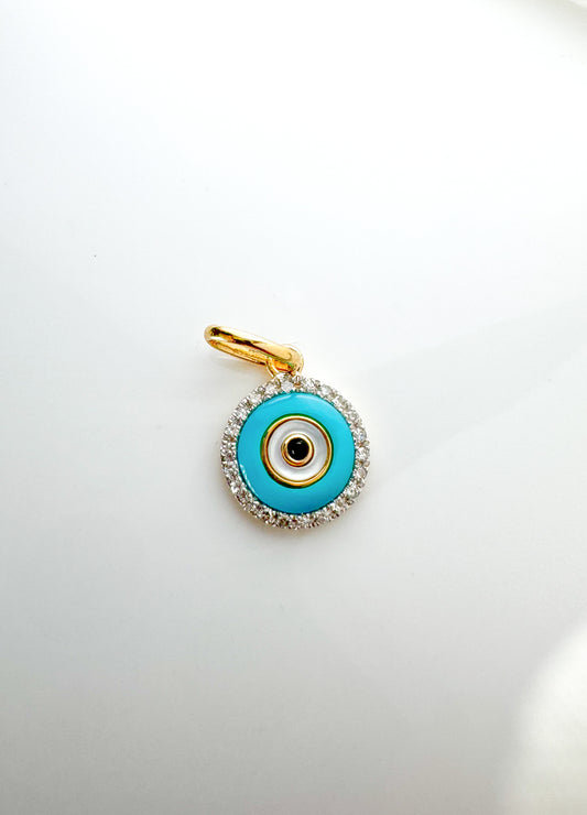 14k Solid Gold Diamond Evil Eye Pendant, Turquoise & Onyx Protection Charm