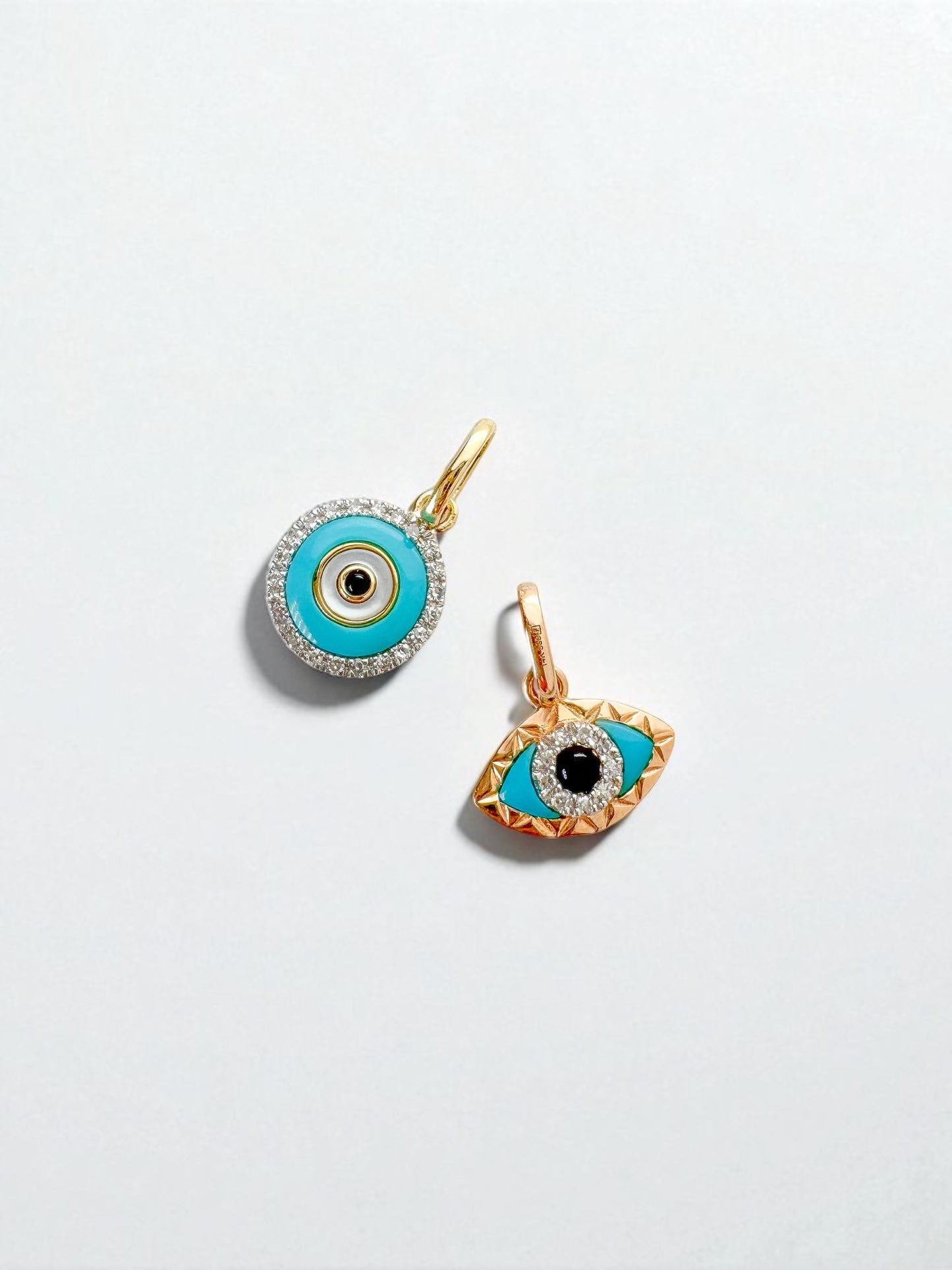 14k Solid Gold Eye Shaped Evil Eye Pendant with Diamond, Turquoise & Black Onyx