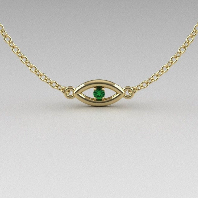 14k Solid Gold Evil Eye Bracelet with Diamond, Emerald or Sapphire Gemstone
