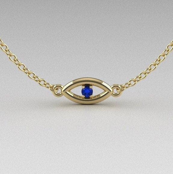 14k Solid Gold Evil Eye Bracelet with Diamond, Emerald or Sapphire Gemstone