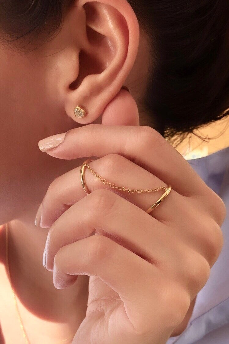 14k Gold Double Band Chain Ring – Minimalist Stacking Ring, Modern Statement Ring
