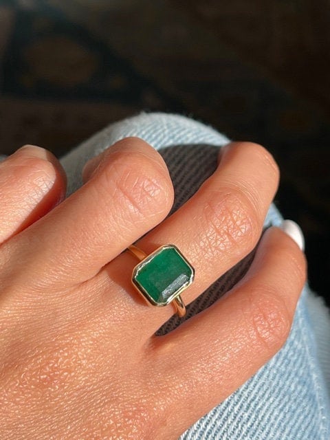 Natural Emerald Bezel Setting Solitaire Ring in 14k Solid Gold