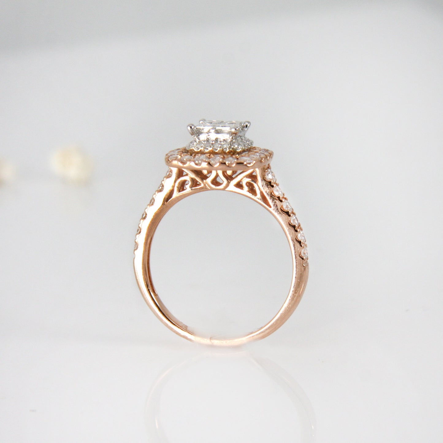 Princess Cut Cluster Halo Ring in 14k Rose Gold, Cushion Style Engagement Ring