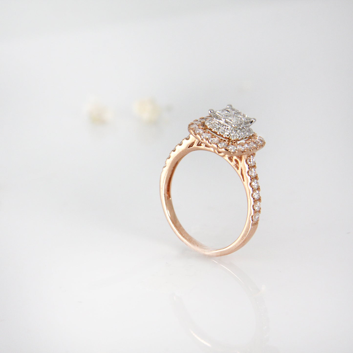 Princess Cut Cluster Halo Ring in 14k Rose Gold, Cushion Style Engagement Ring