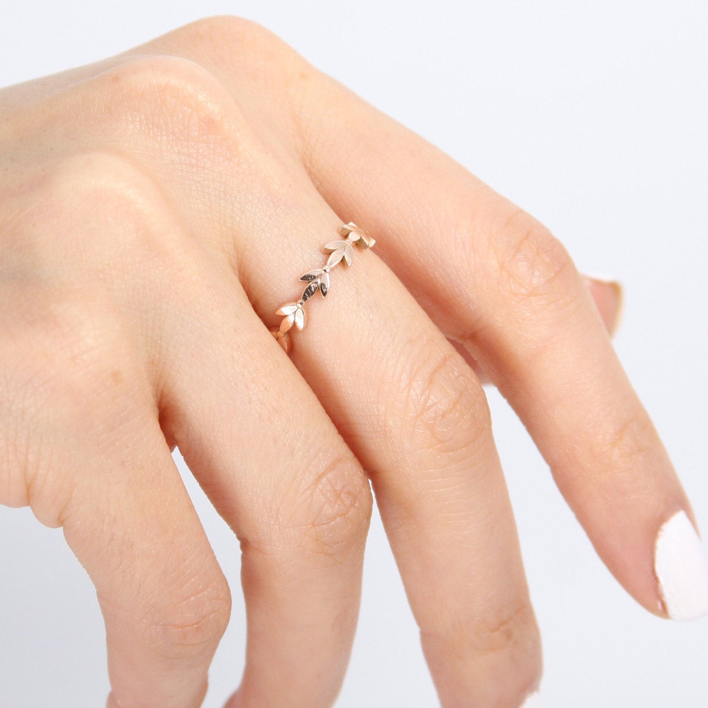 14k Solid Gold Dainty Leaf Full Eternity Wedding Band