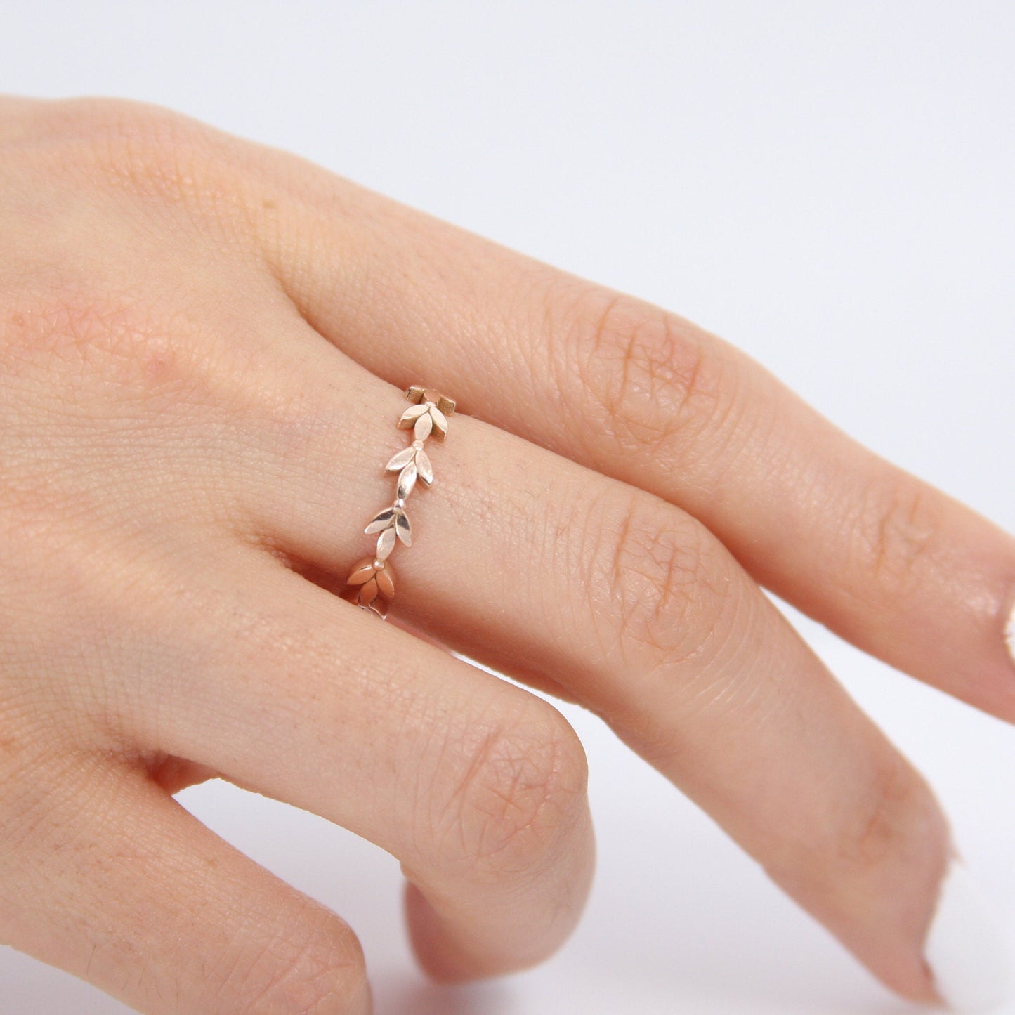 14k Solid Gold Dainty Leaf Full Eternity Wedding Band