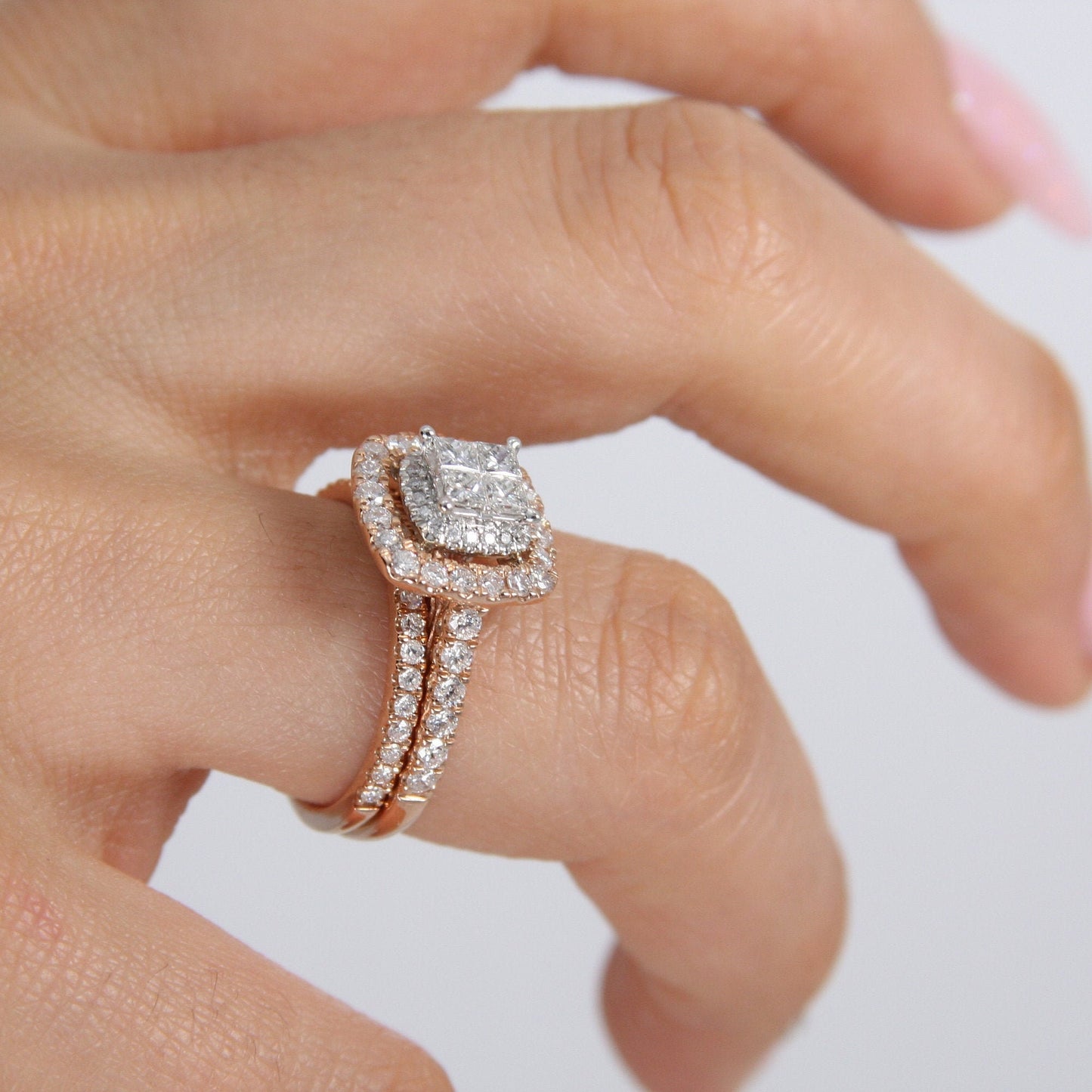 Princess Cut Cluster Halo Ring in 14k Rose Gold, Cushion Style Engagement Ring