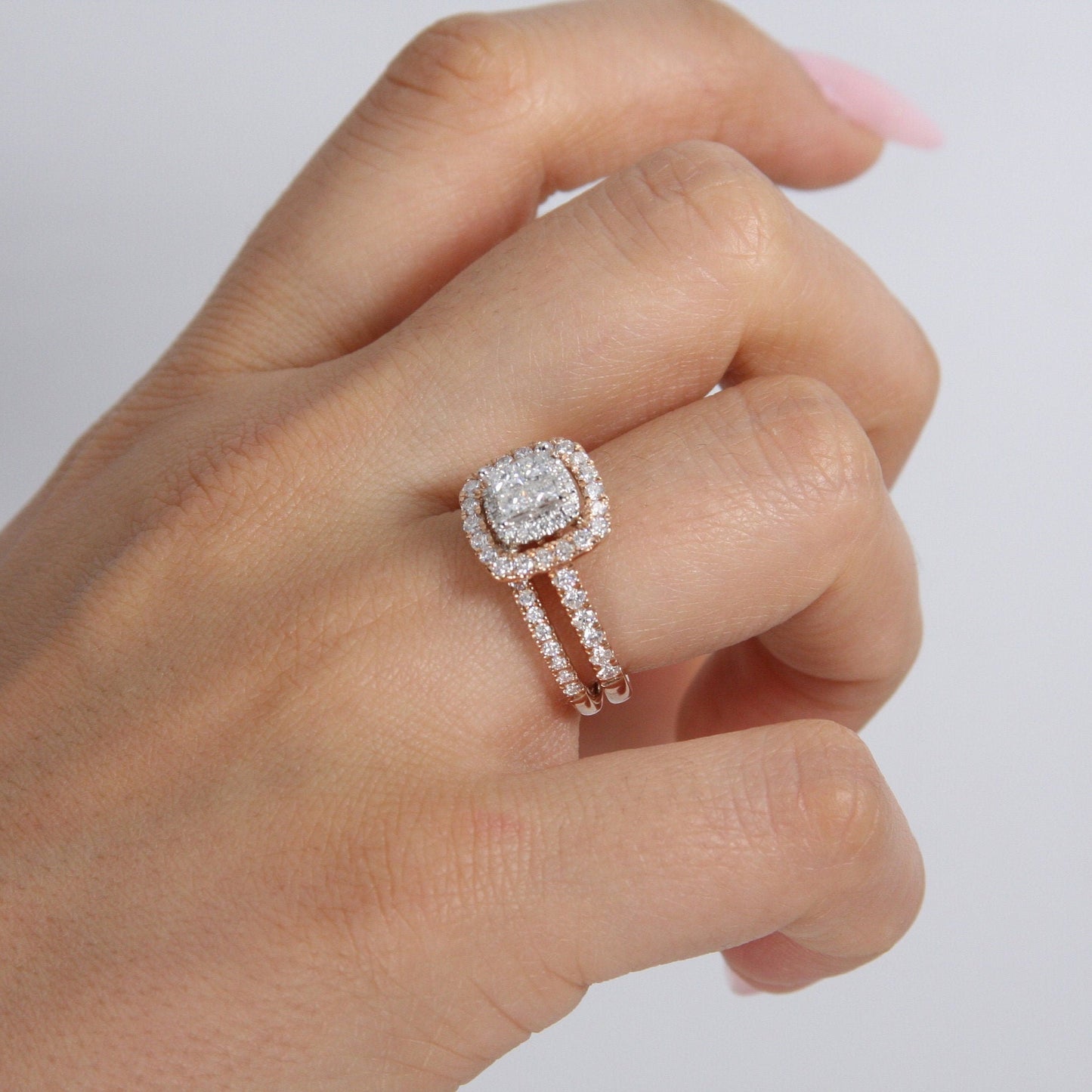 Princess Cut Cluster Halo Ring in 14k Rose Gold, Cushion Style Engagement Ring
