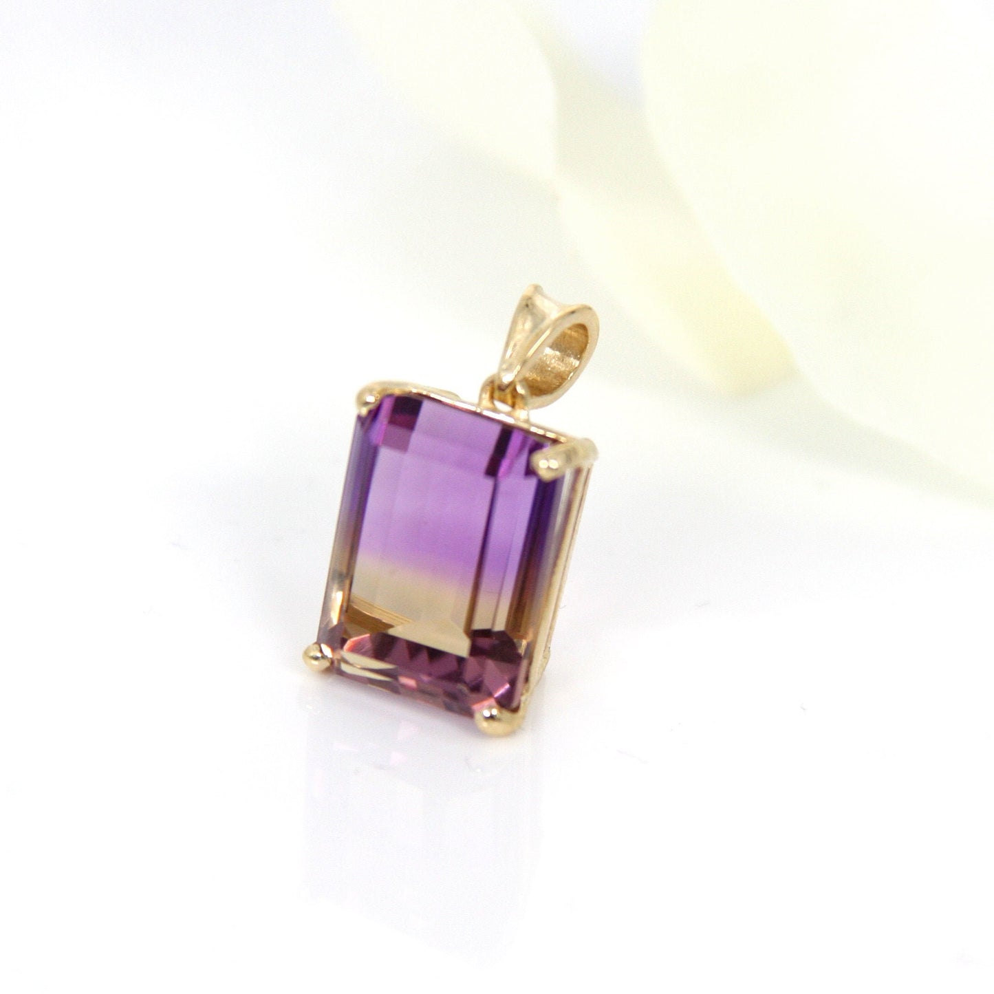 Natural Emerald Cut Ametrine Solitaire Pendant in 14k Solid Gold