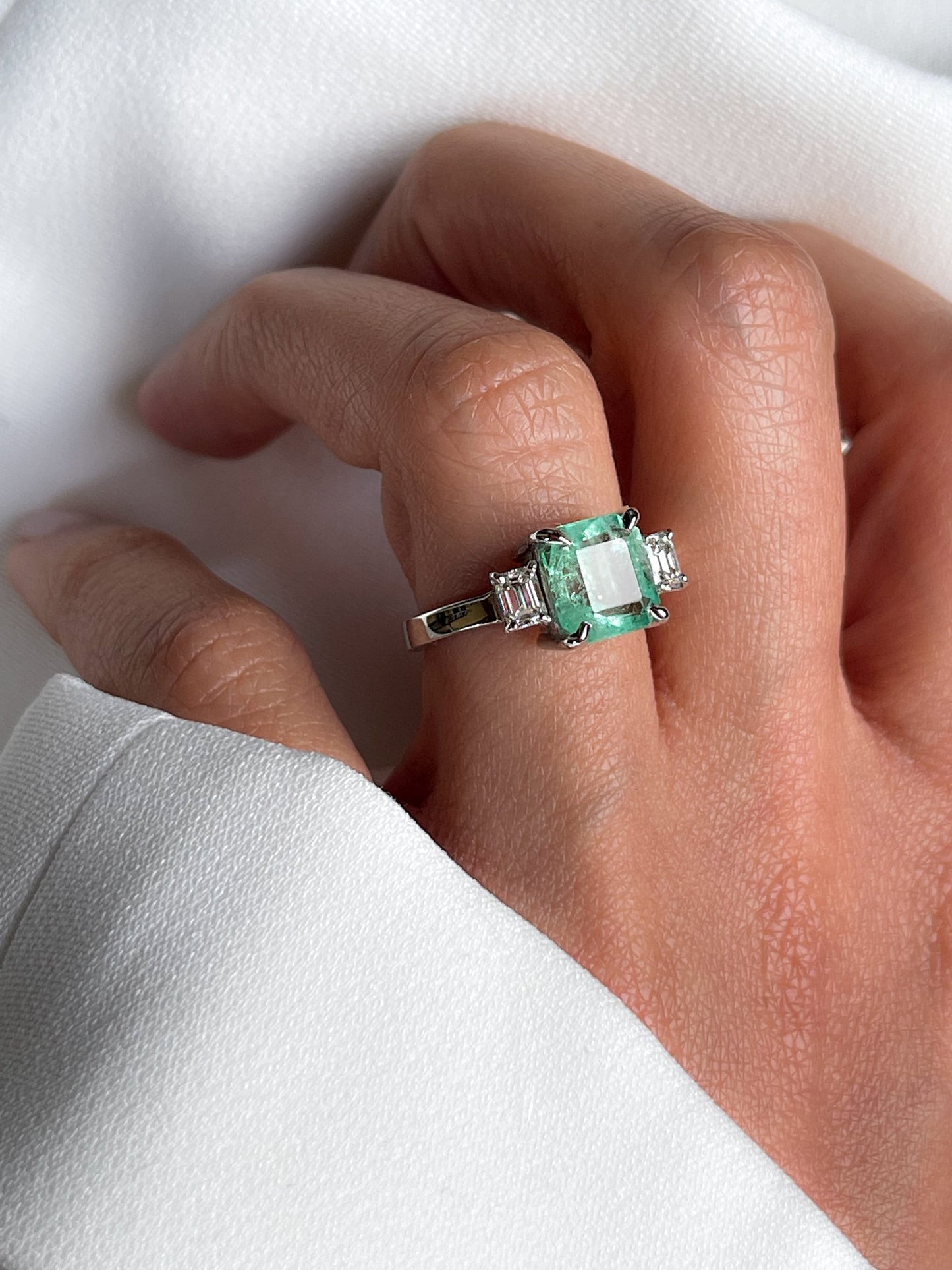 3 Stone Emerald Diamond Ring in Solid Gold, Natural Colombian Emerald & Diamond Ring