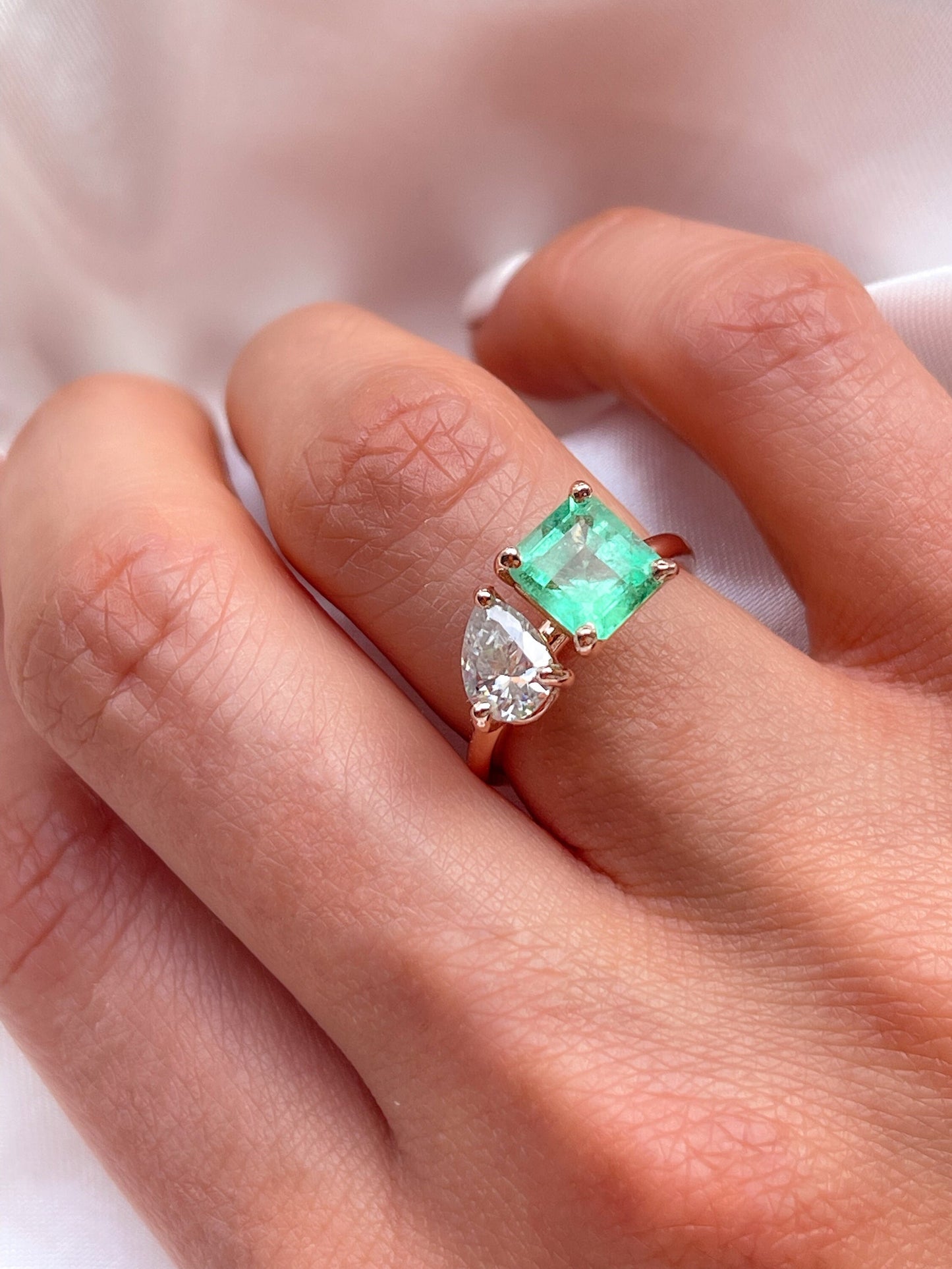 2 Stone Emerald Diamond Ring in 14k Solid Gold- Toi et Moi Ring