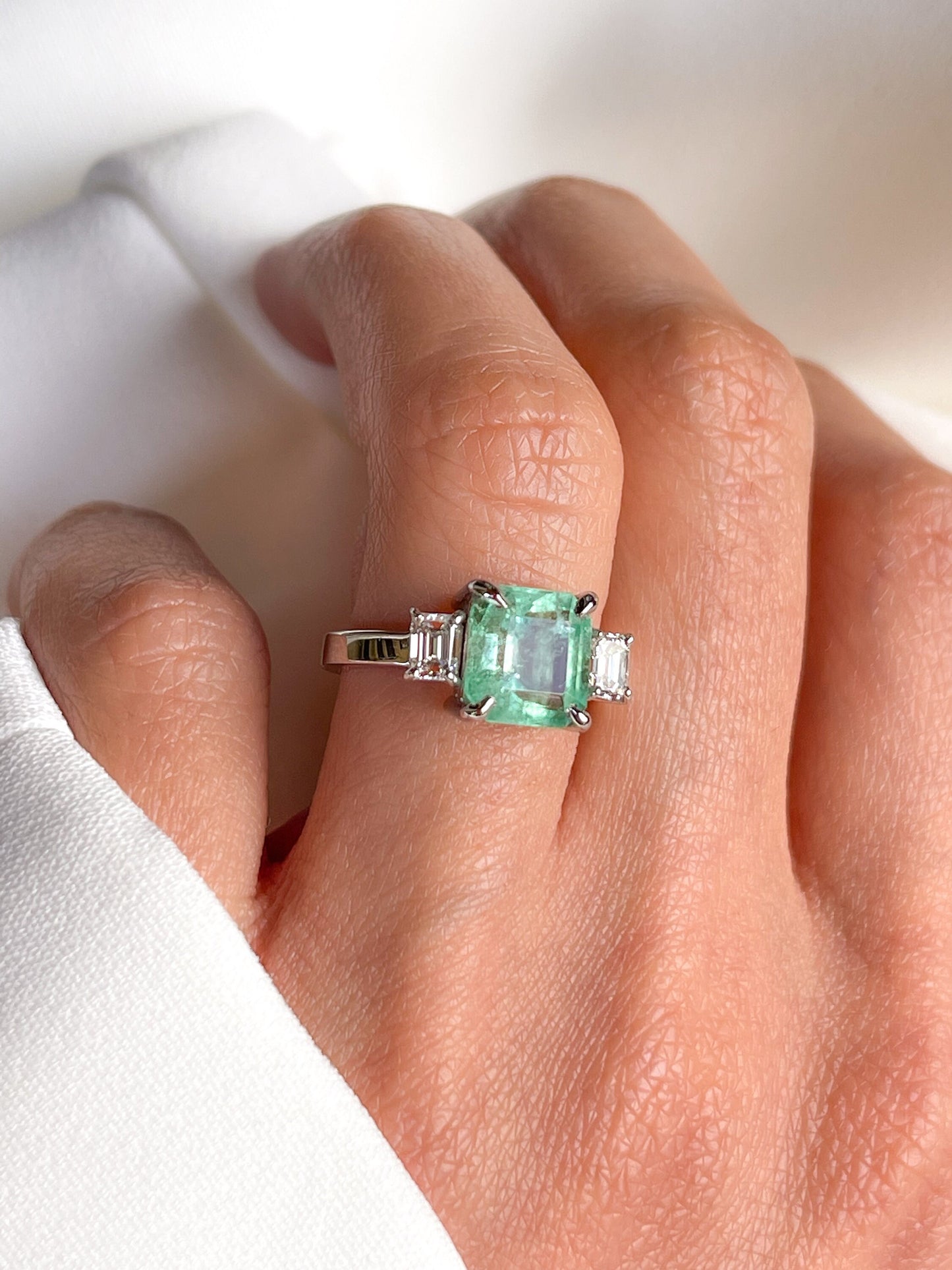 3 Stone Emerald Diamond Ring in Solid Gold, Natural Colombian Emerald & Diamond Ring
