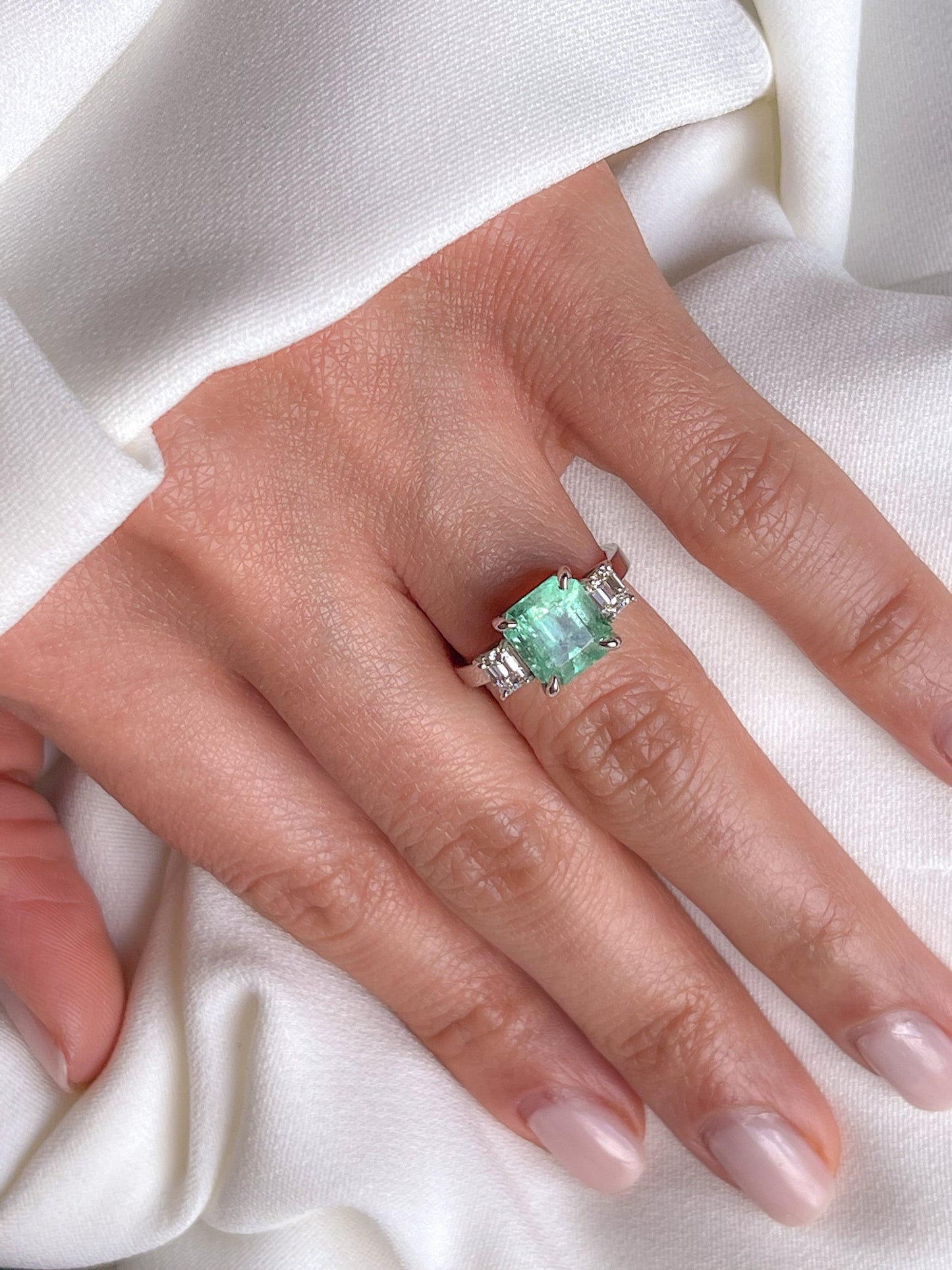 3 Stone Emerald Diamond Ring in Solid Gold, Natural Colombian Emerald & Diamond Ring