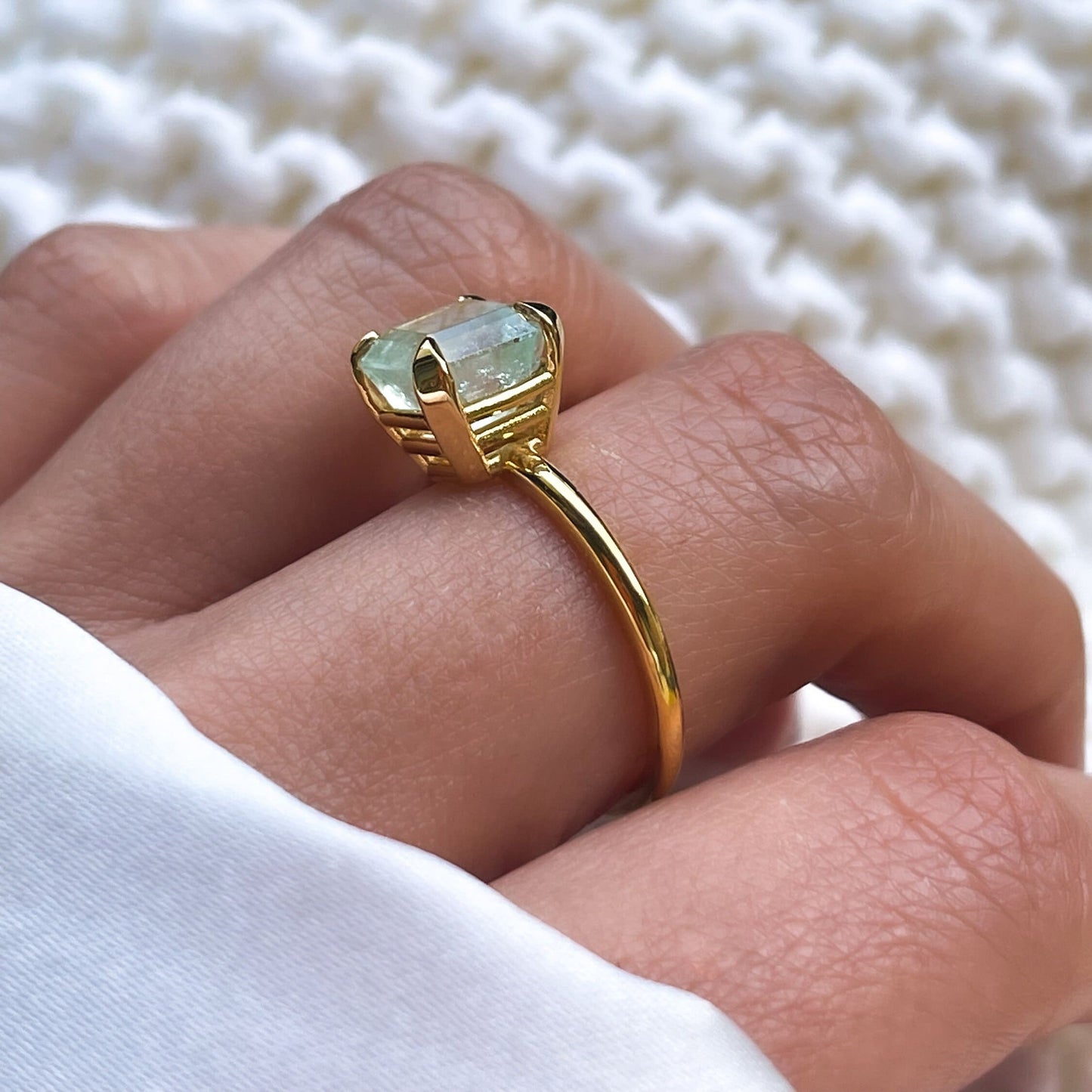 Natural Colombian Emerald Cut Green Beryl Solitaire Ring in Solid 14k Gold