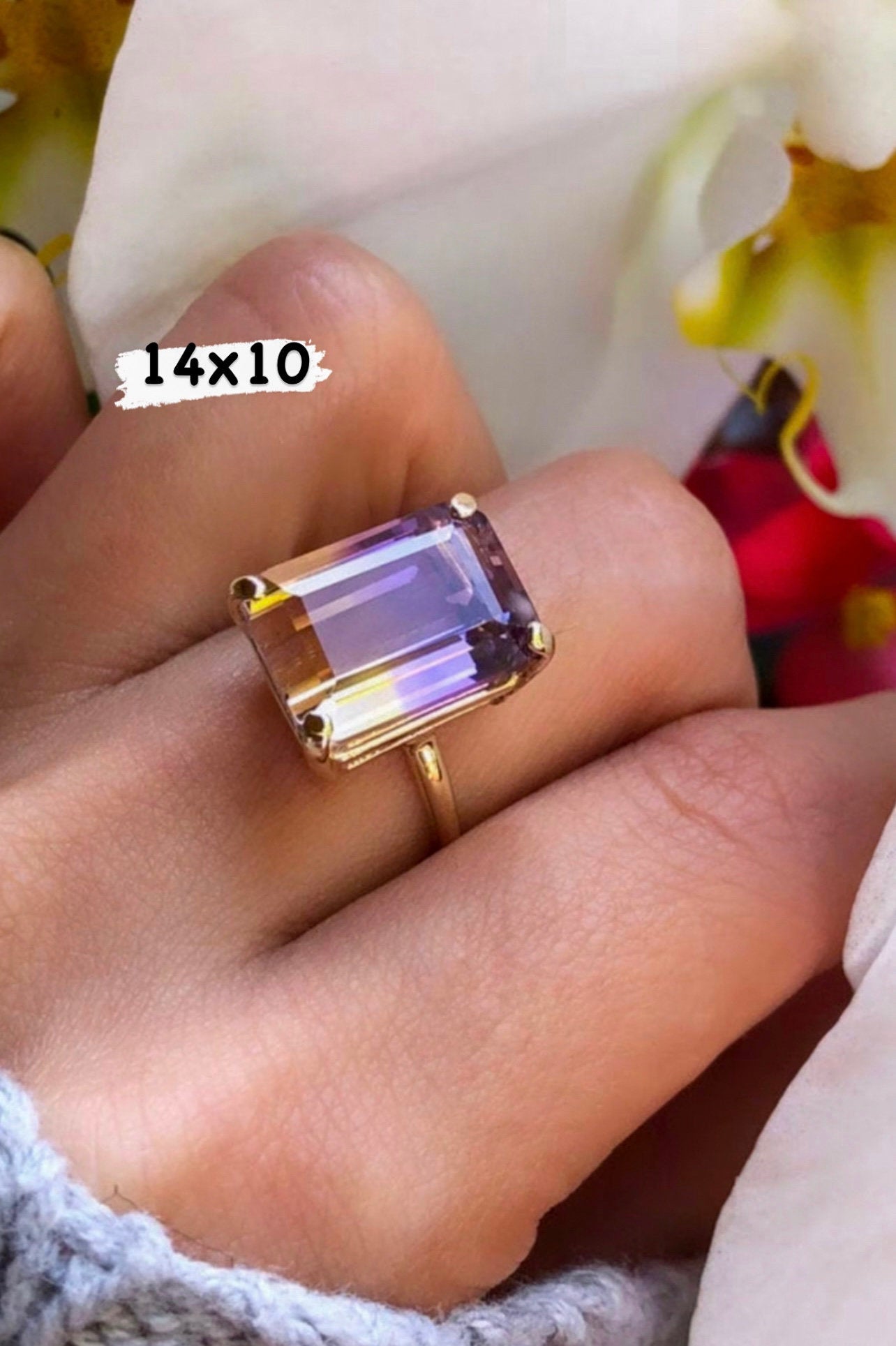 Natural Emerald Cut Ametrine Solitaire Ring 14k Solid Gold