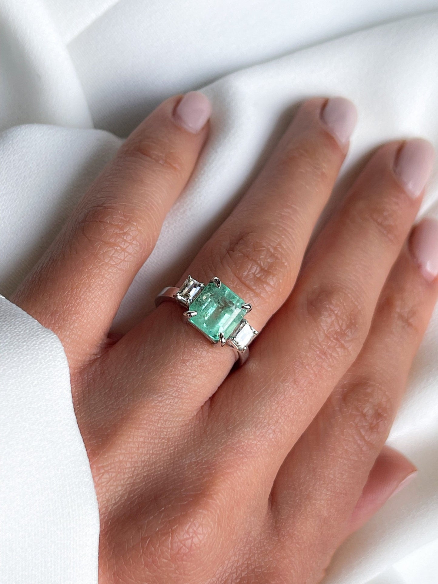 3 Stone Emerald Diamond Ring in Solid Gold, Natural Colombian Emerald & Diamond Ring