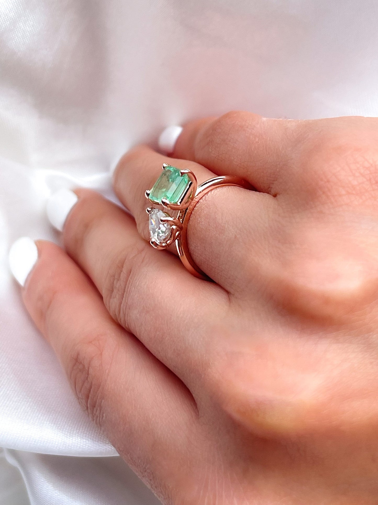 2 Stone Emerald Diamond Ring in 14k Solid Gold- Toi et Moi Ring