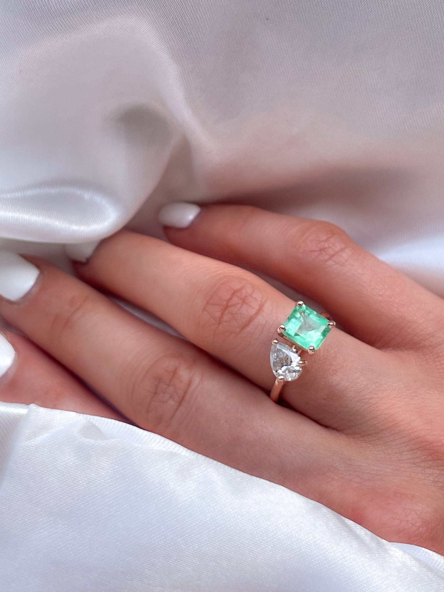 2 Stone Emerald Diamond Ring in 14k Solid Gold- Toi et Moi Ring