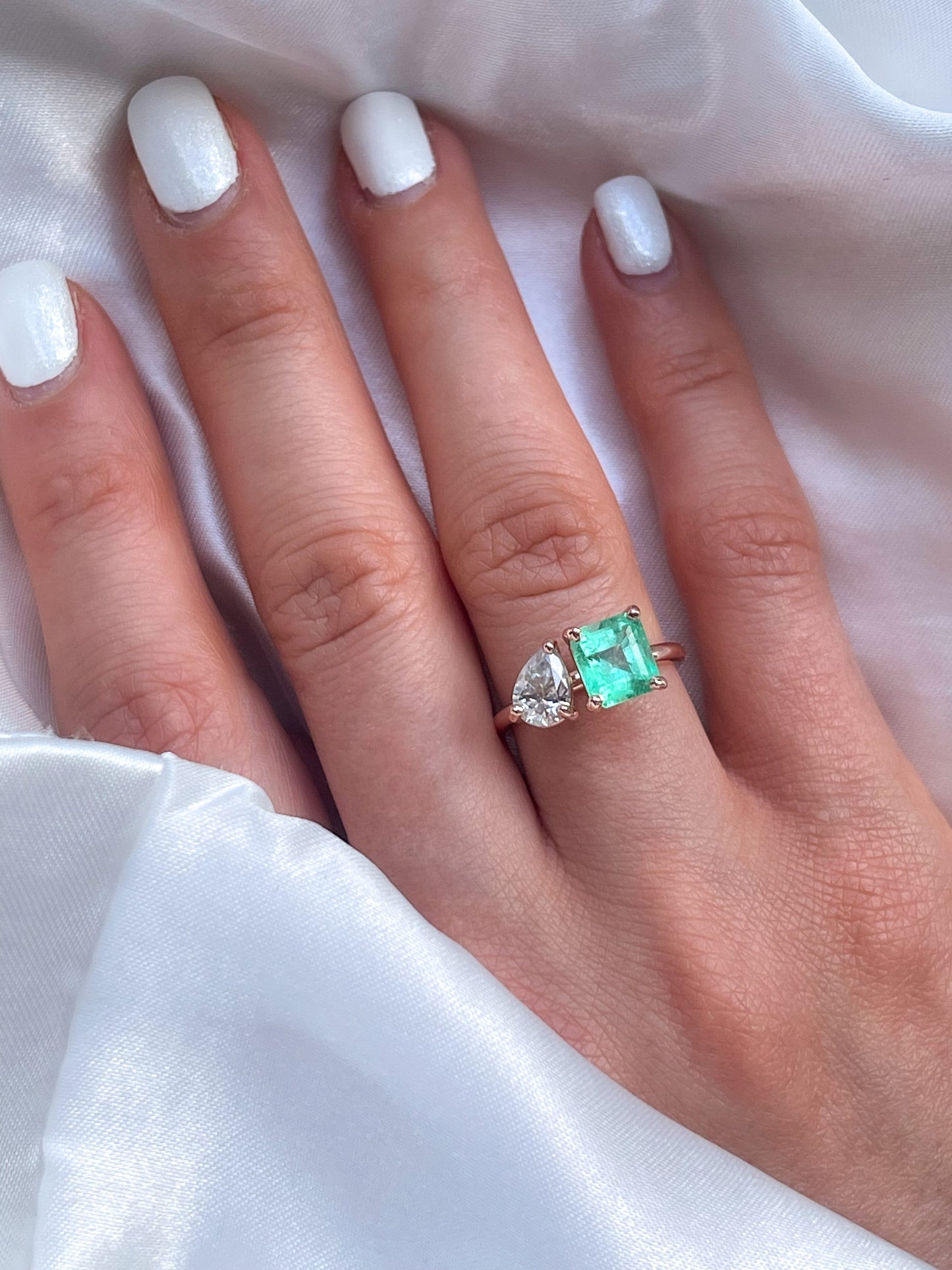 2 Stone Emerald Diamond Ring in 14k Solid Gold- Toi et Moi Ring