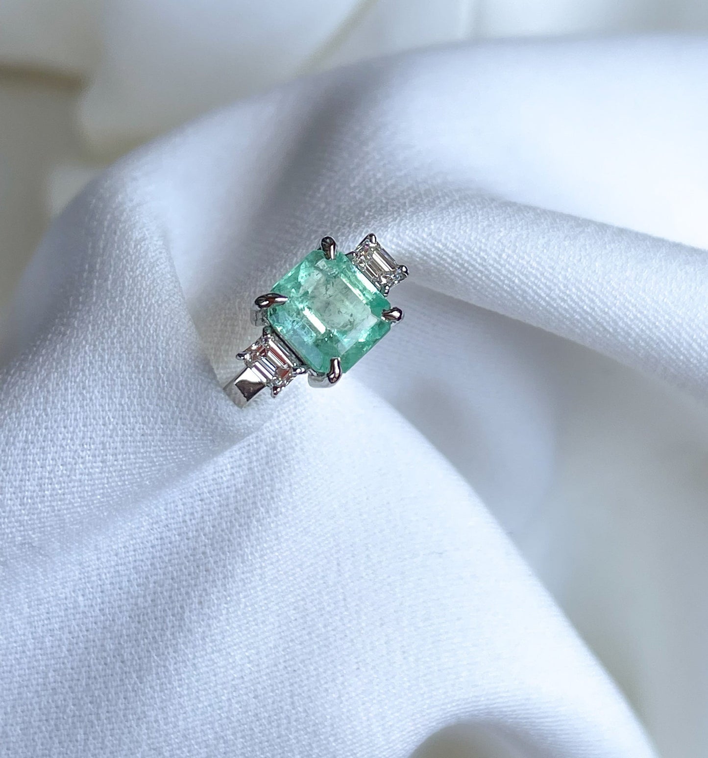 3 Stone Emerald Diamond Ring in Solid Gold, Natural Colombian Emerald & Diamond Ring