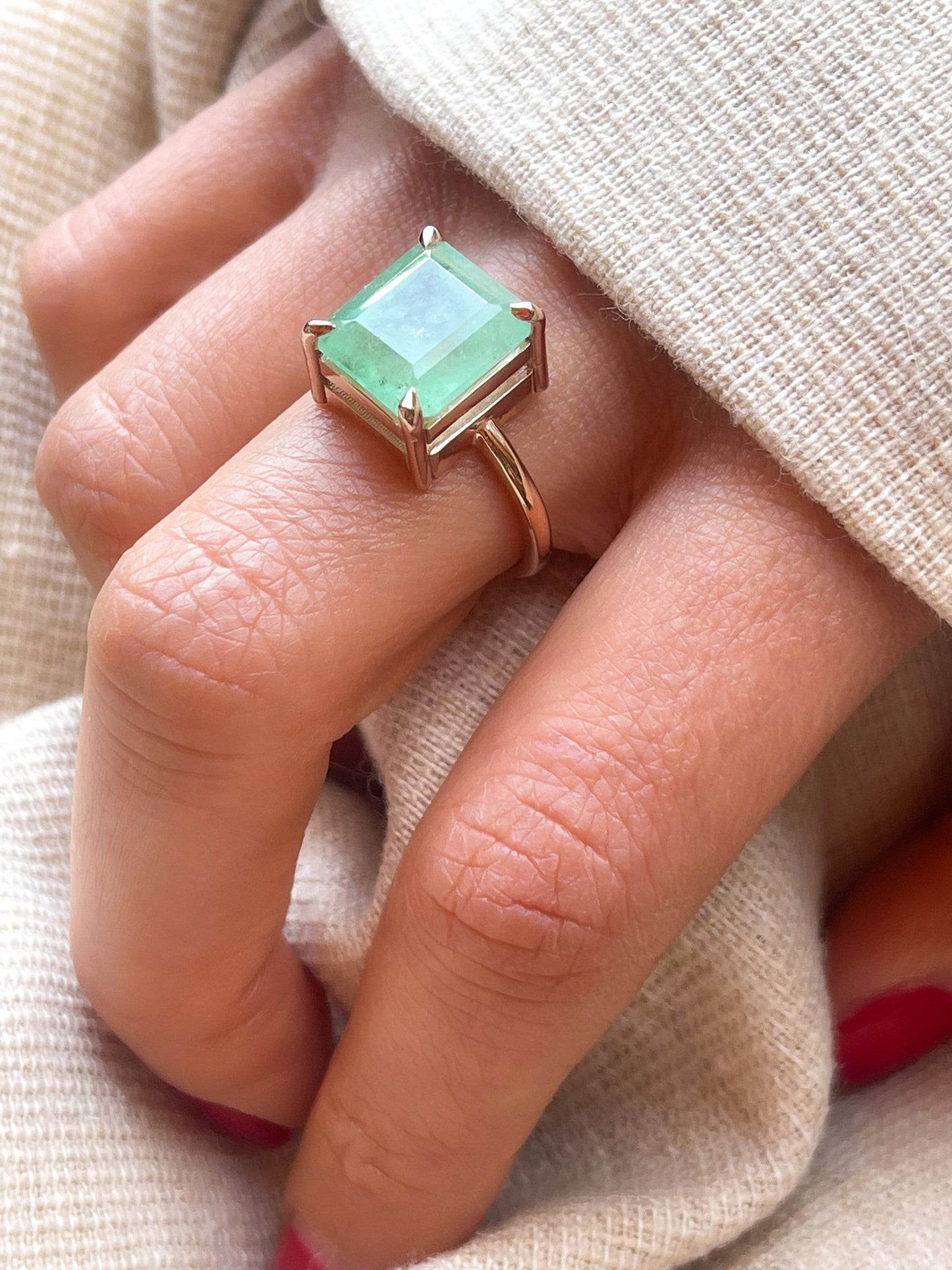 7Ct Natural Light Green Emerald Solitaire Ring in 14k Solid Gold, Green Beryl Ring