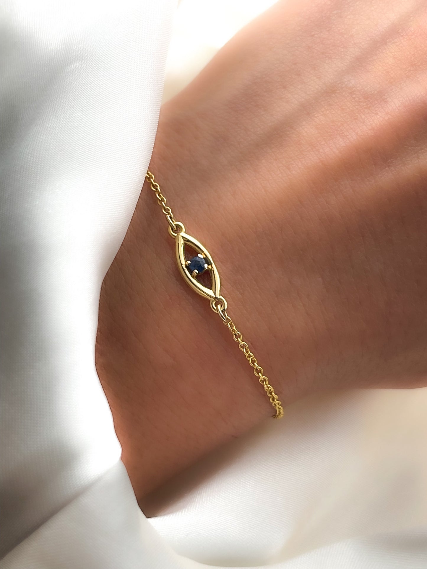 14k Solid Gold Evil Eye Bracelet with Diamond, Emerald or Sapphire Gemstone