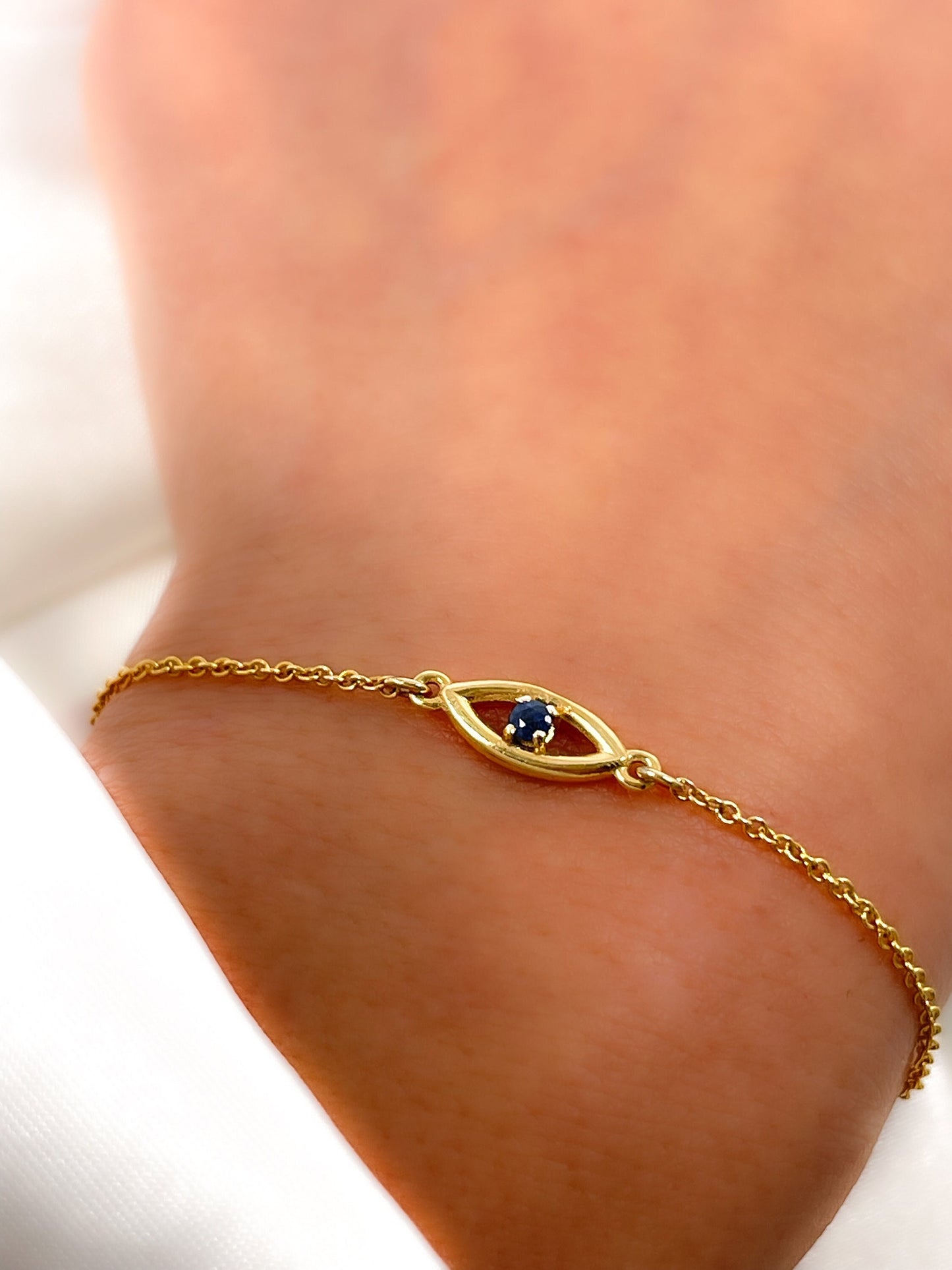 14k Solid Gold Evil Eye Bracelet with Diamond, Emerald or Sapphire Gemstone