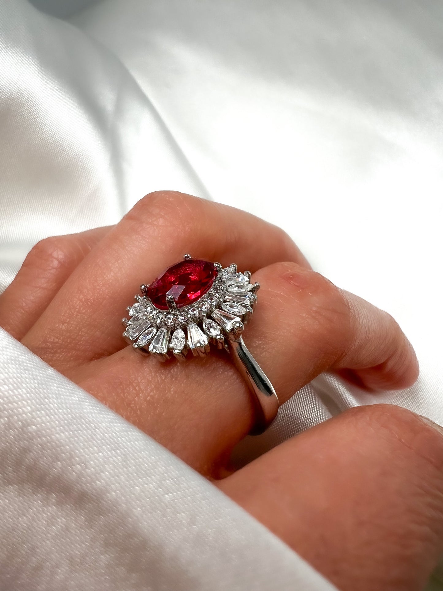 2Ct Oval Ruby Halo Sterling Silver Ring, Cocktail Statement Ring, Size 6.5