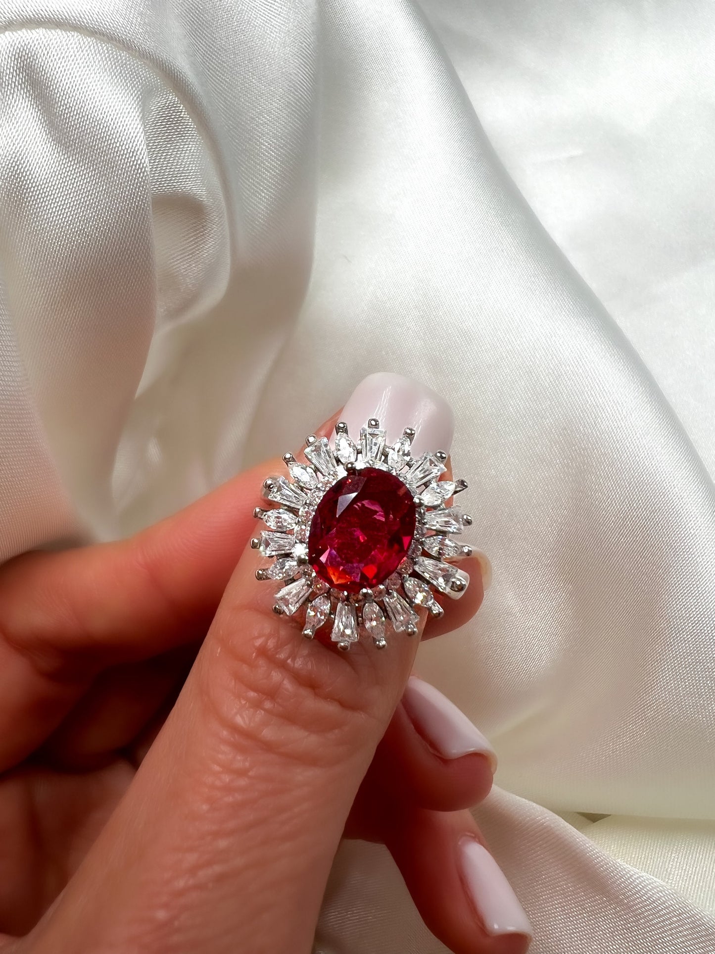 2Ct Oval Ruby Halo Sterling Silver Ring, Cocktail Statement Ring, Size 6.5