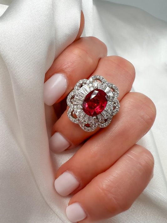 Oval Cut Ruby Halo Sterling Silver Ring, Size 6.5