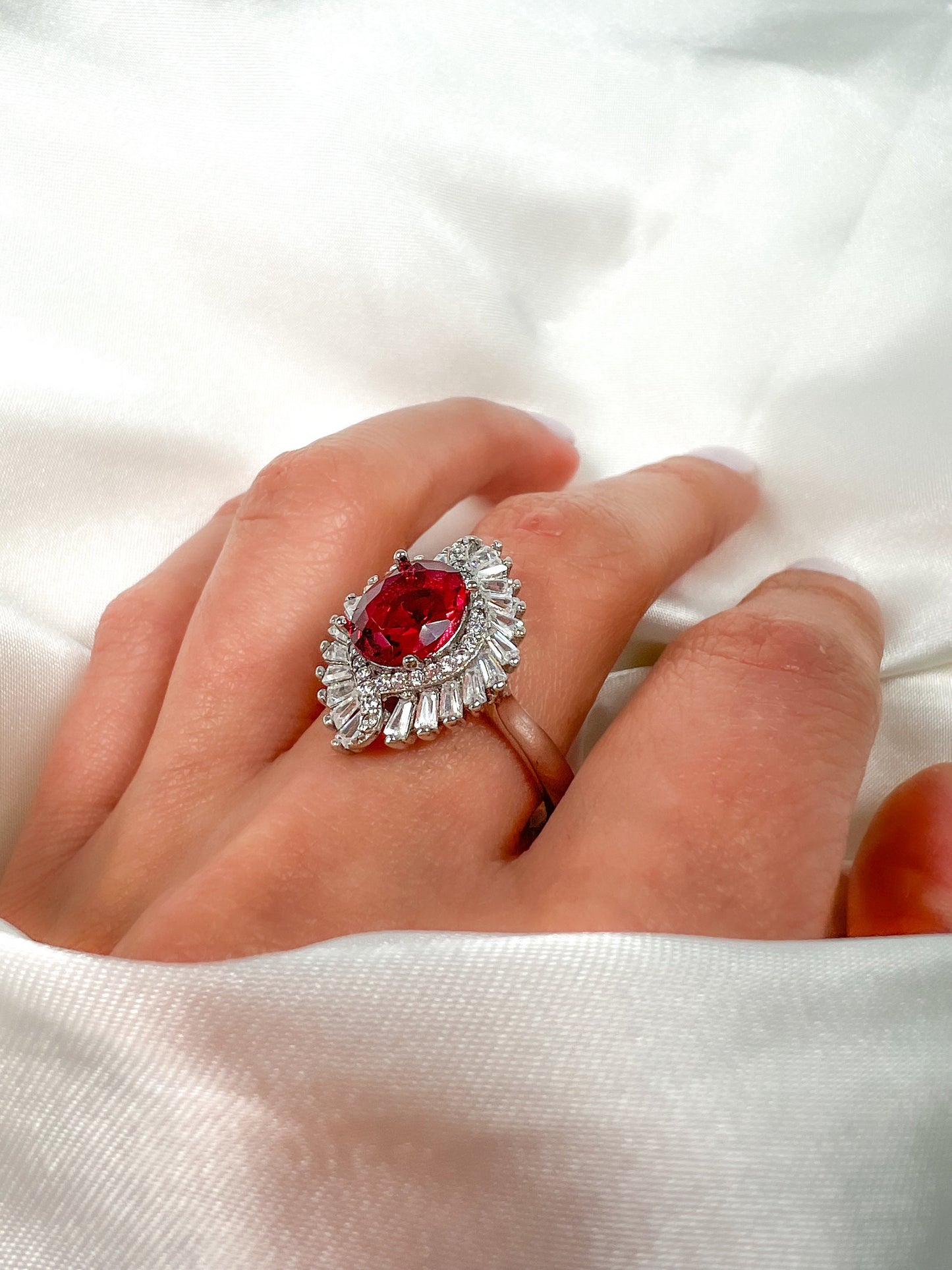 Ruby Statement Halo Sterling Silver Ring, Size 9