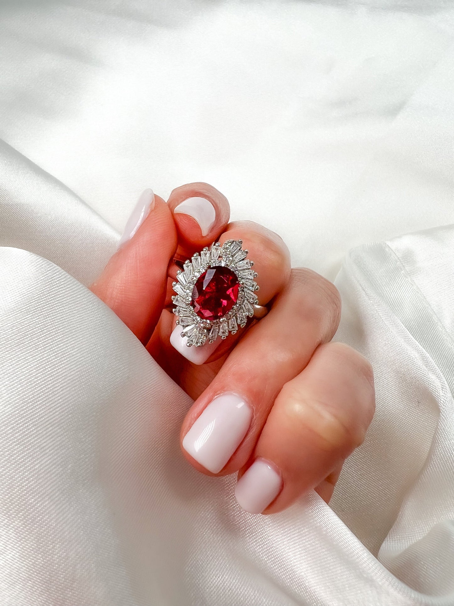 Ruby Statement Halo Sterling Silver Ring, Size 9