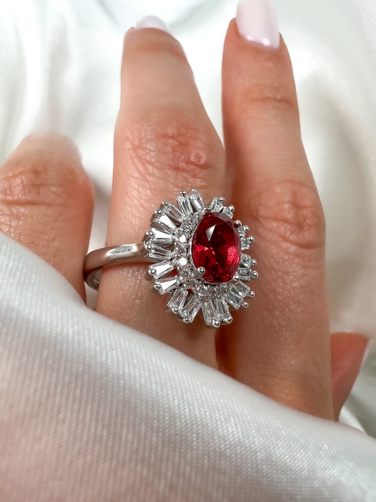 Oval Cut Ruby Halo Sterling Silver Ring, Ruby Cocktail Ring, size 8.5