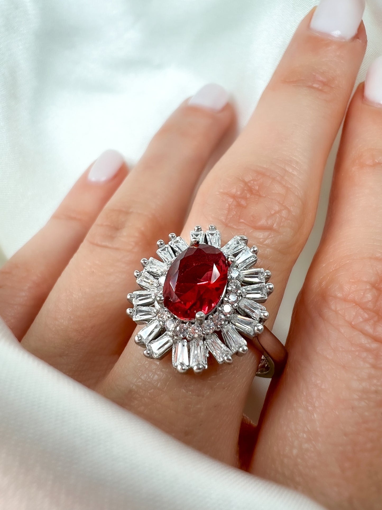 Oval Cut Ruby Halo Sterling Silver Ring, Ruby Cocktail Ring, size 8.5