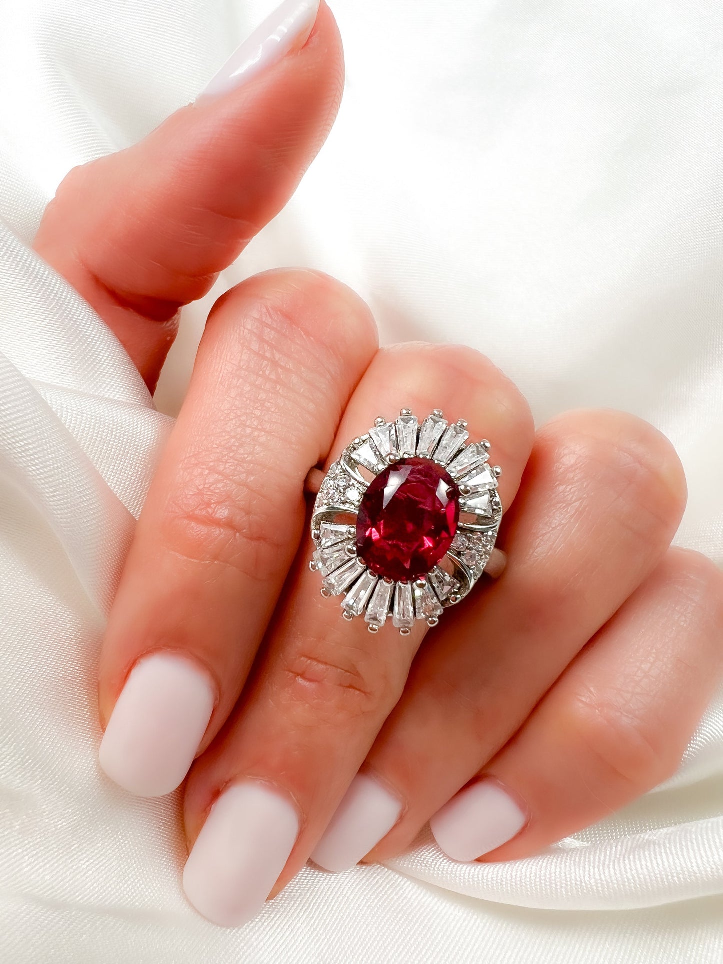 2 Ct Oval Cut Ruby Halo Sterling Silver Ring, size 6.25