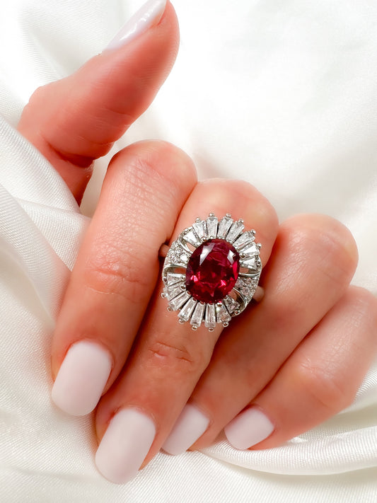 2 Ct Oval Cut Ruby Halo Sterling Silver Ring, size 6.25